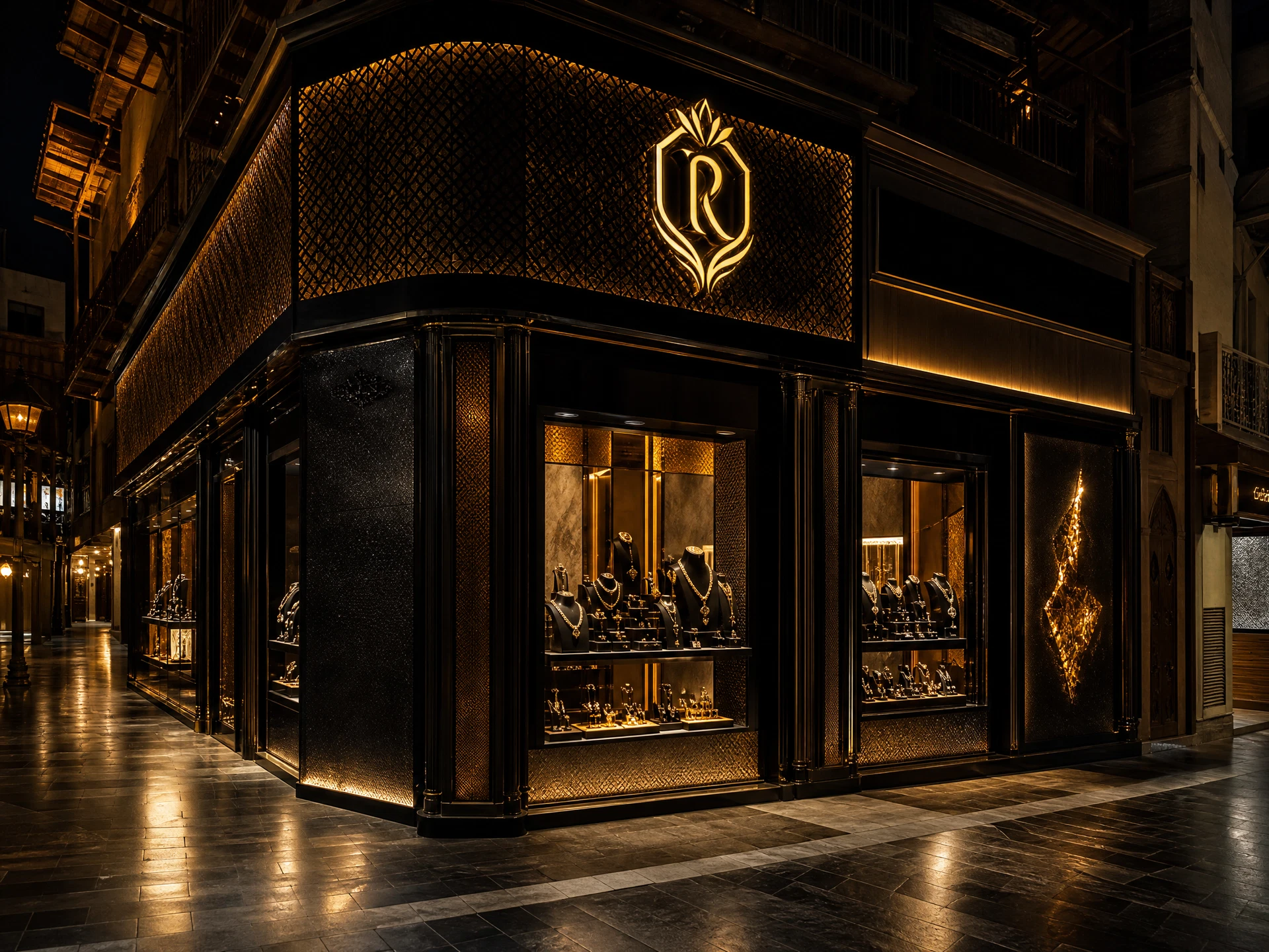 Richie Gold & Diamonds boutique at night in the Deira Gold Souk, glowing R crest above the entrance