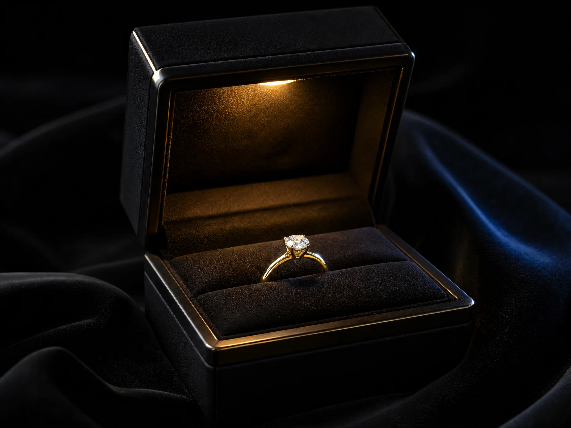 Signature Richie R box open, LED-lit interior revealing a ring